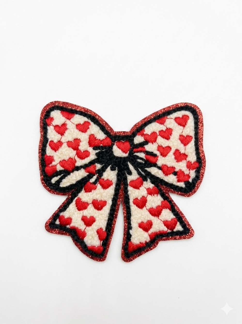 Chenille Heart Bow Iron On Patch - Red and Cream Embroidered Accessory